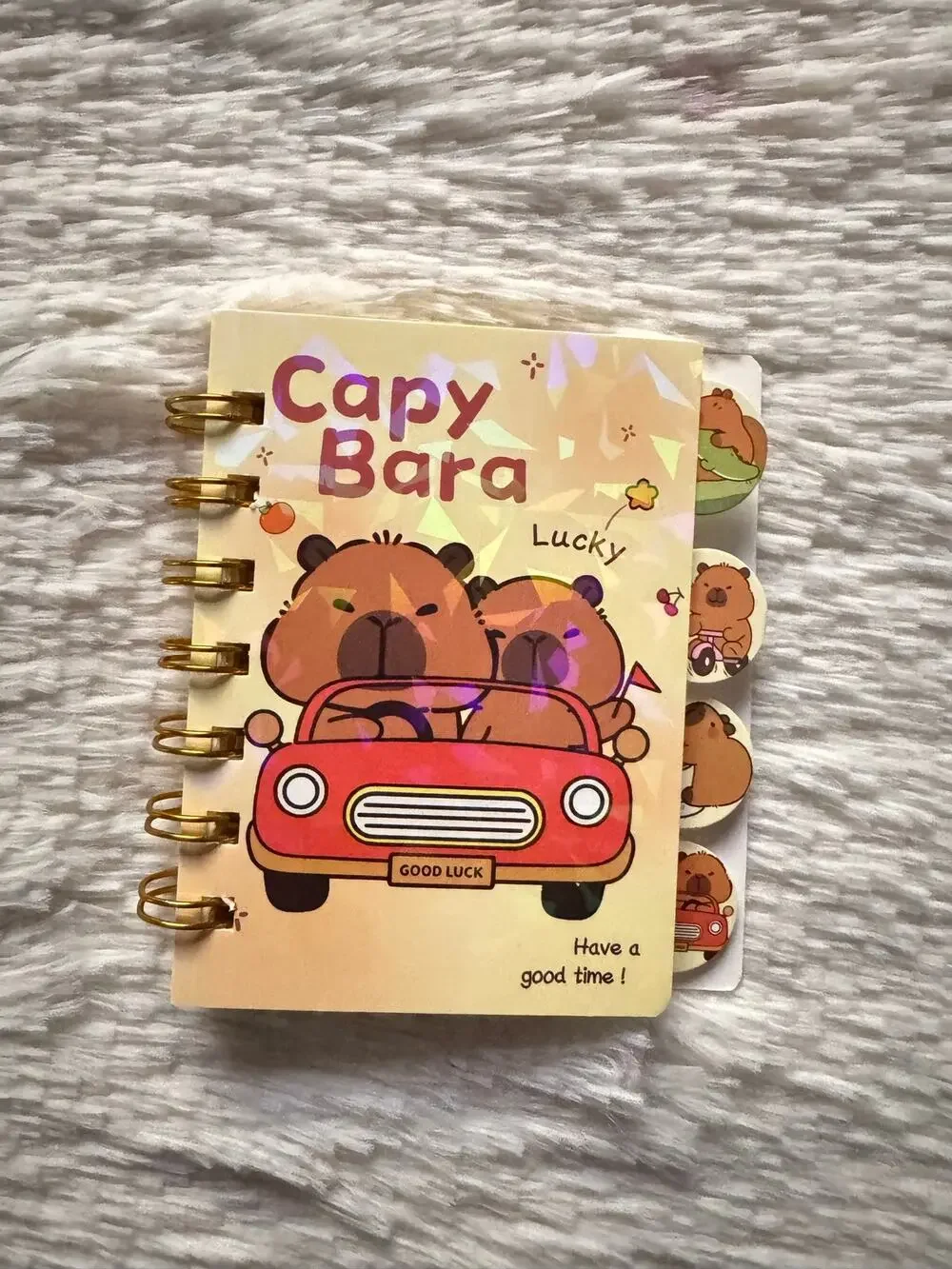 Capybara A6 spiral mini notebook with capybara in a red car design 4 dividers